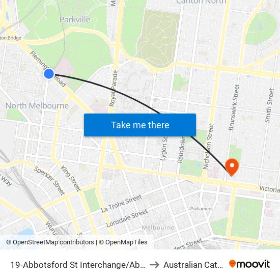 19-Abbotsford St Interchange/Abbotsford St (North Melbourne) to Australian Catholic University map
