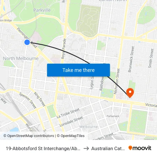 Abbotsford St Interchange/Abbotsford St #19 to Australian Catholic University map