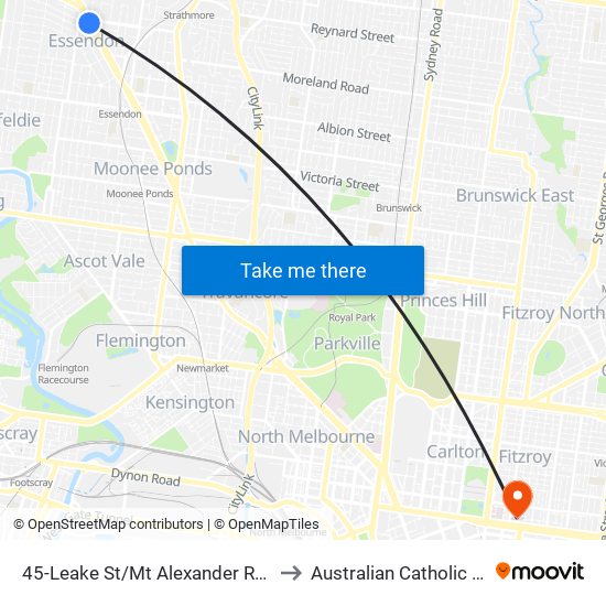 45-Leake St/Mt Alexander Rd (Essendon) to Australian Catholic University map