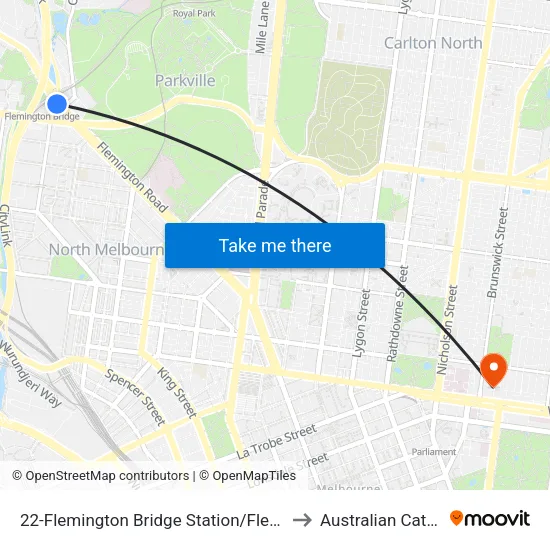 Flemington Bridge Station/Flemington Rd #22 to Australian Catholic University map
