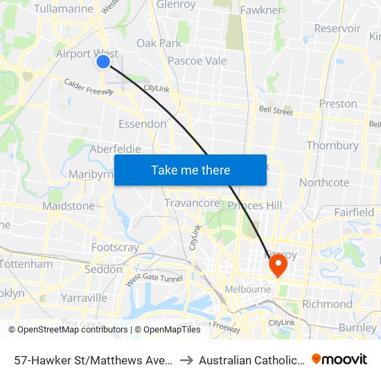 57-Hawker St/Matthews Ave (Airport West) to Australian Catholic University map