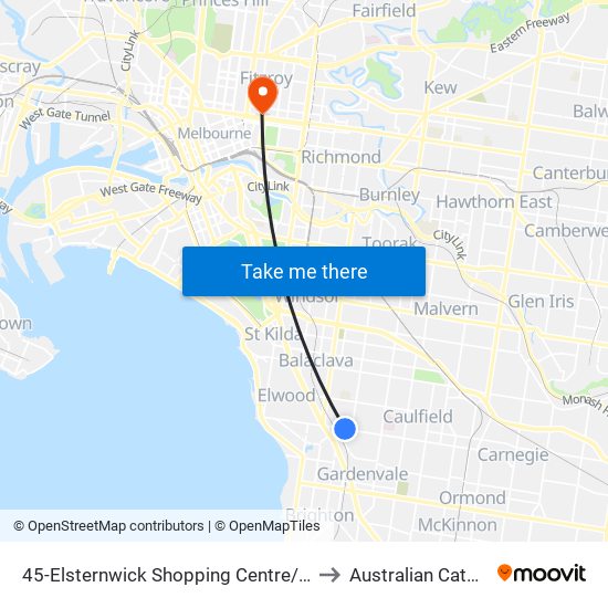 45-Elsternwick Shopping Centre/Glenhuntly Rd (Elsternwick) to Australian Catholic University map