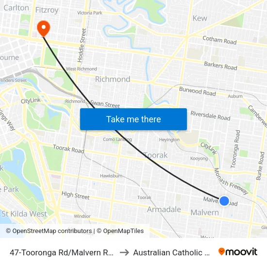 Tooronga Rd/Malvern Rd #47 to Australian Catholic University map
