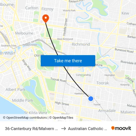 Canterbury Rd/Malvern Rd #36 to Australian Catholic University map