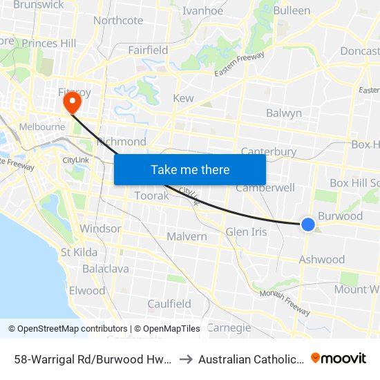 58-Warrigal Rd/Burwood Hwy (Camberwell) to Australian Catholic University map