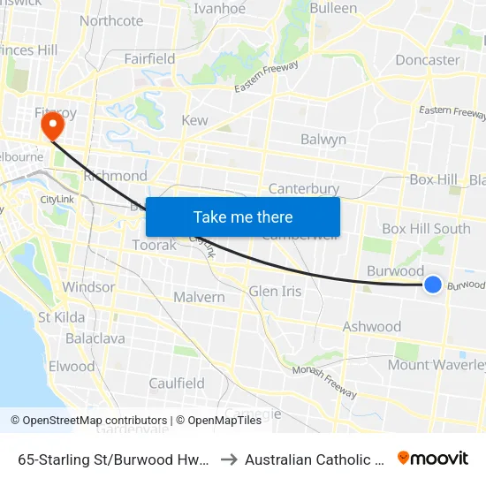 Starling St/Burwood Hwy #65 to Australian Catholic University map