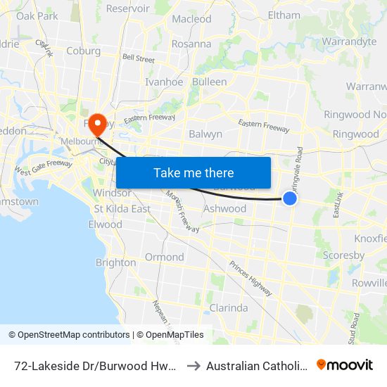 72-Lakeside Dr/Burwood Hwy (Burwood East) to Australian Catholic University map