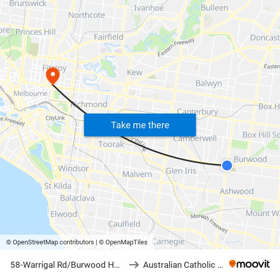 58-Warrigal Rd/Burwood Hwy (Burwood) to Australian Catholic University map