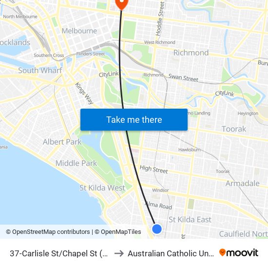 37-Carlisle St/Chapel St (St Kilda) to Australian Catholic University map