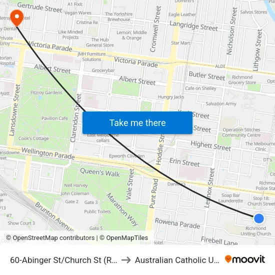 Abinger St/Church St #60 to Australian Catholic University map