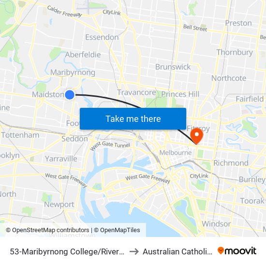 53-Maribyrnong College/River St (Maribyrnong) to Australian Catholic University map