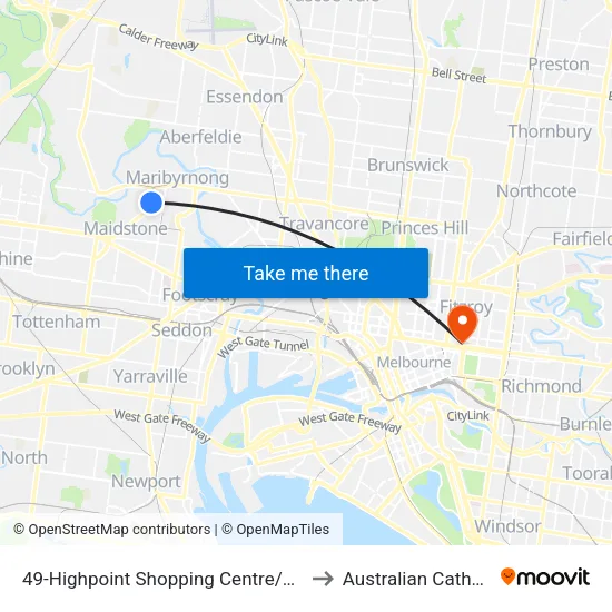 Highpoint Shopping Centre/Wests Rd #49 to Australian Catholic University map