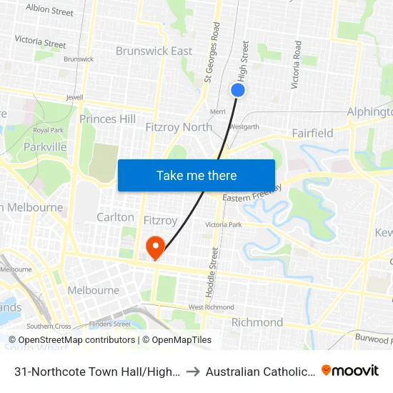 Northcote Town Hall/High St #31 to Australian Catholic University map