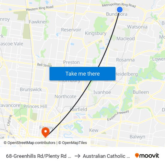 68-Greenhills Rd/Plenty Rd (Bundoora) to Australian Catholic University map
