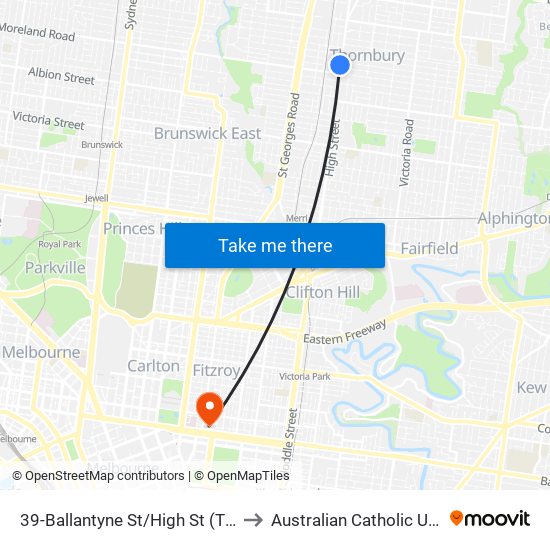 39-Ballantyne St/High St (Thornbury) to Australian Catholic University map