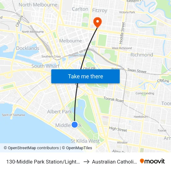 Middle Park Station/Light Rail #130 to Australian Catholic University map