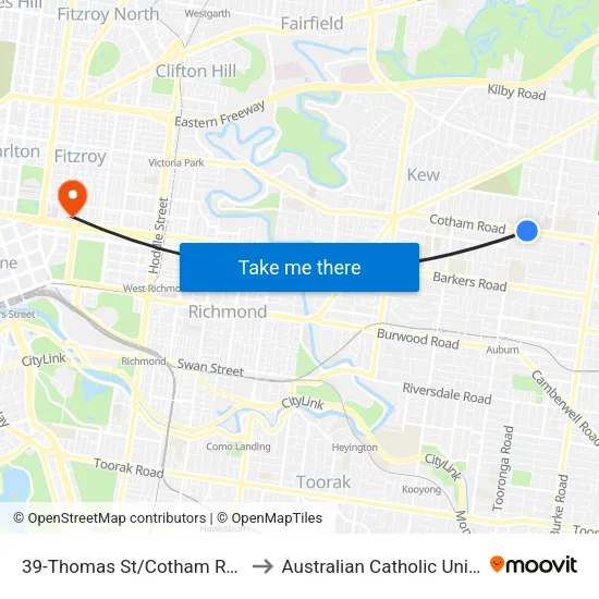 Thomas St/Cotham Rd #39 to Australian Catholic University map