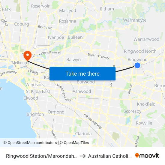 Ringwood Station/Maroondah Hwy to Australian Catholic University map