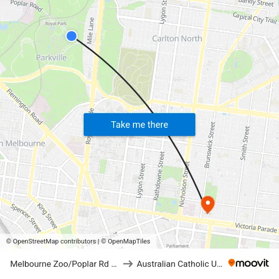 Melbourne Zoo/Poplar Rd to Australian Catholic University map