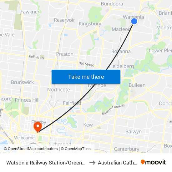 Watsonia Railway Station/Greensborough Hwy (Watsonia) to Australian Catholic University map