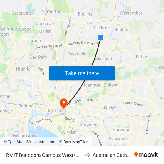 RMIT Bundoora Campus West/Mckimmies Rd to Australian Catholic University map