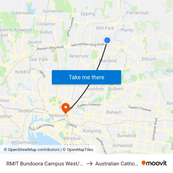 RMIT Bundoora Campus West/Plenty Rd to Australian Catholic University map