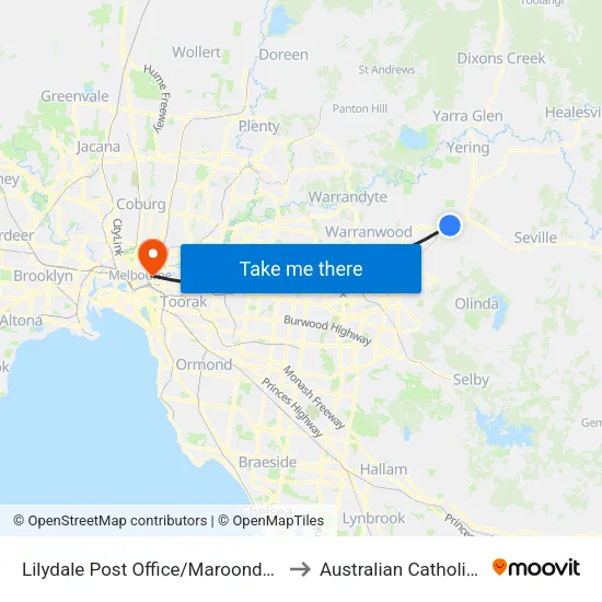 Lilydale Post Office/Maroondah Hwy to Australian Catholic University map