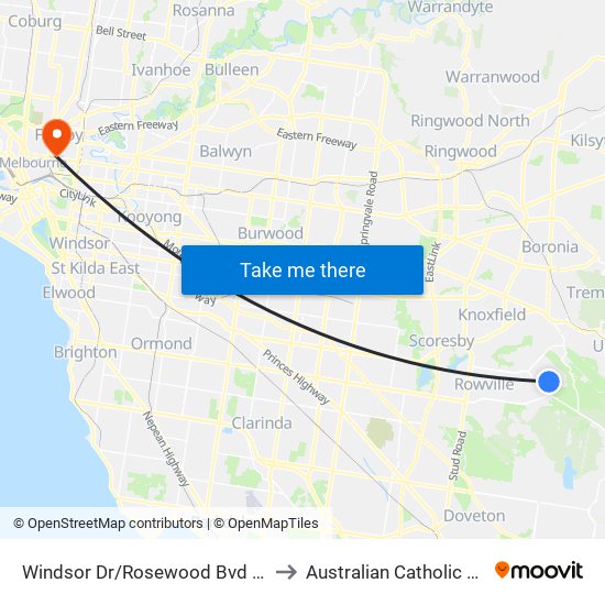 Windsor Dr/Rosewood Bvd (Lysterfield) to Australian Catholic University map