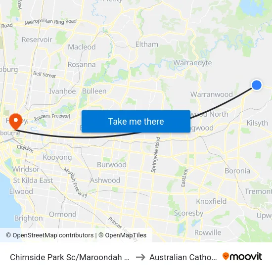 Chirnside Park Sc/Maroondah Hwy to Australian Catholic University map
