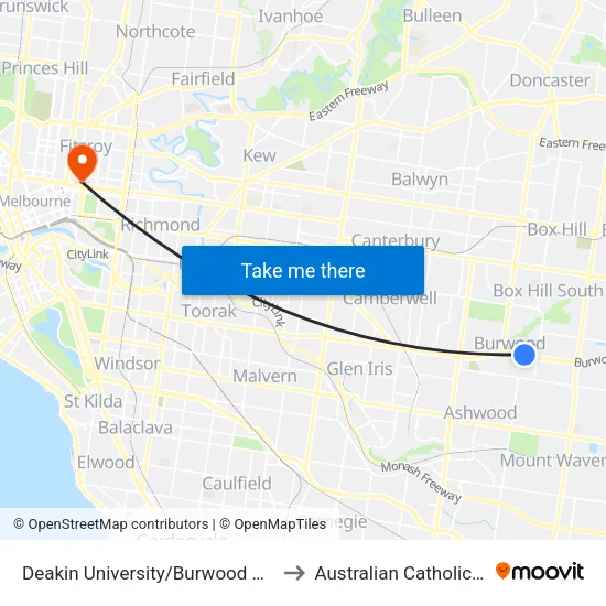 Deakin University/Burwood Hwy to Australian Catholic University map