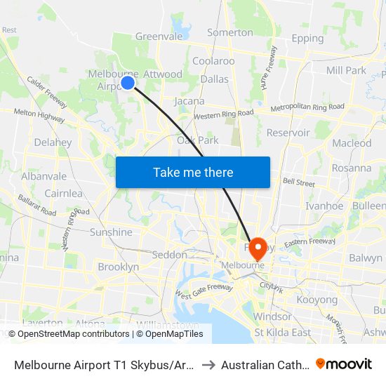 Melbourne Airport T1 Skybus/Arrival Dr (Melbourne Airport) to Australian Catholic University map