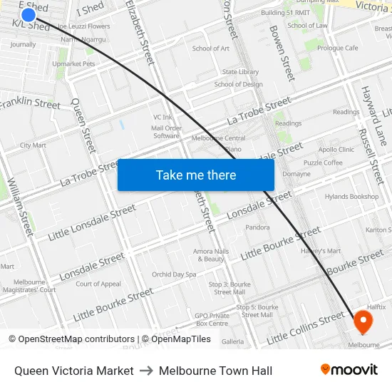 Queen Victoria Market to Melbourne Town Hall map