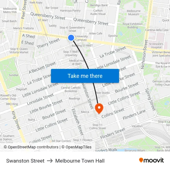 Swanston Street to Melbourne Town Hall map