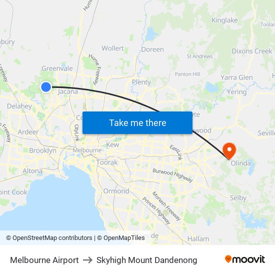 Melbourne Airport to Skyhigh Mount Dandenong map