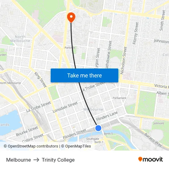Melbourne to Trinity College map