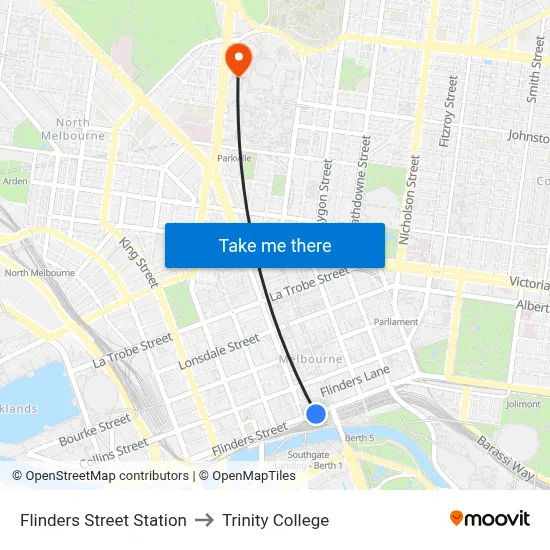 Flinders Street Station to Trinity College map