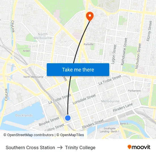 Southern Cross Station to Trinity College map