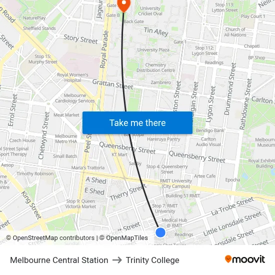 Melbourne Central Station to Trinity College map