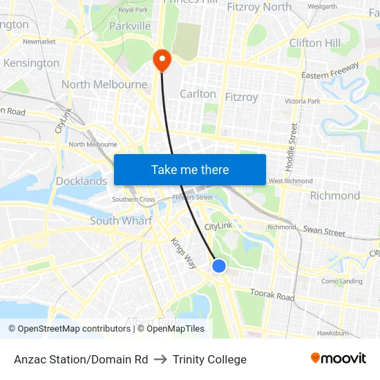 Anzac Station/Domain Rd to Trinity College map
