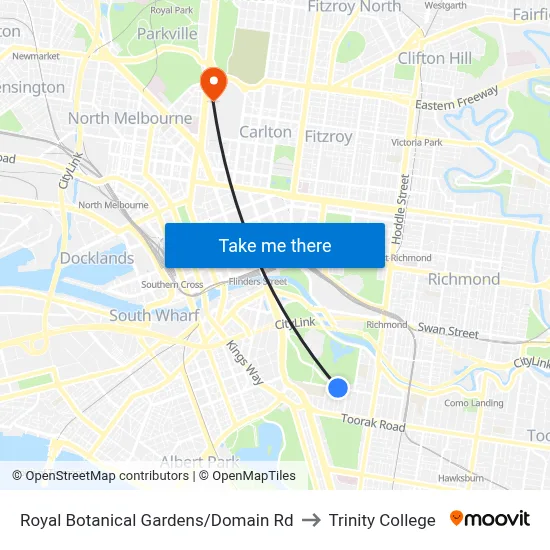 Royal Botanical Gardens/Domain Rd to Trinity College map