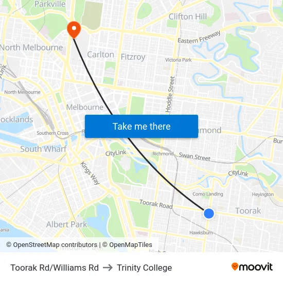 Toorak Rd/Williams Rd to Trinity College map