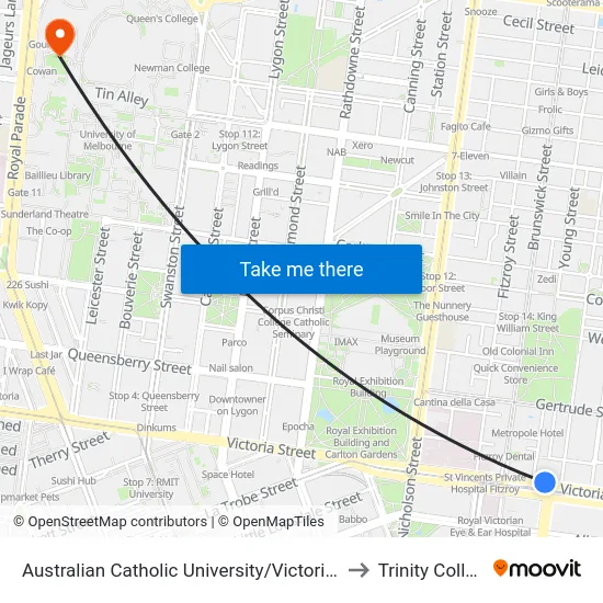 Australian Catholic University/Victoria Pde to Trinity College map