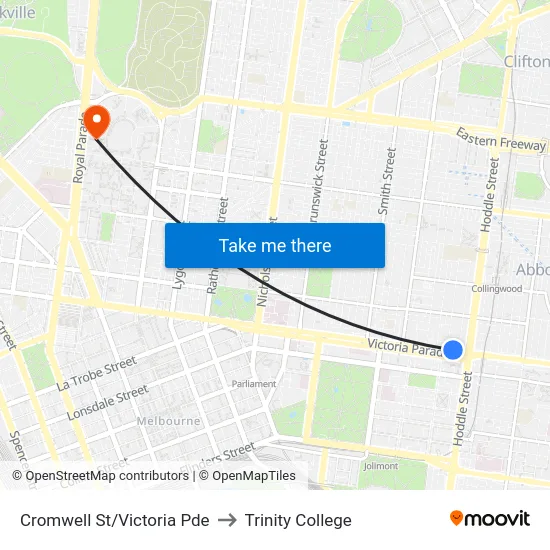 Cromwell St/Victoria Pde to Trinity College map