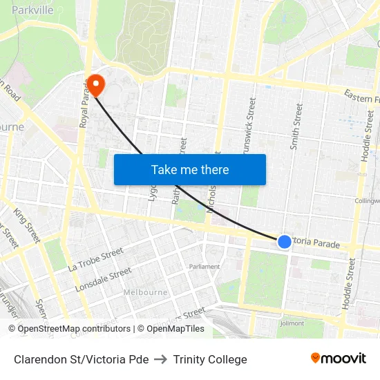 Clarendon St/Victoria Pde to Trinity College map