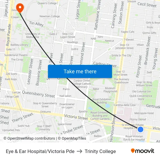 Eye & Ear Hospital/Victoria Pde to Trinity College map