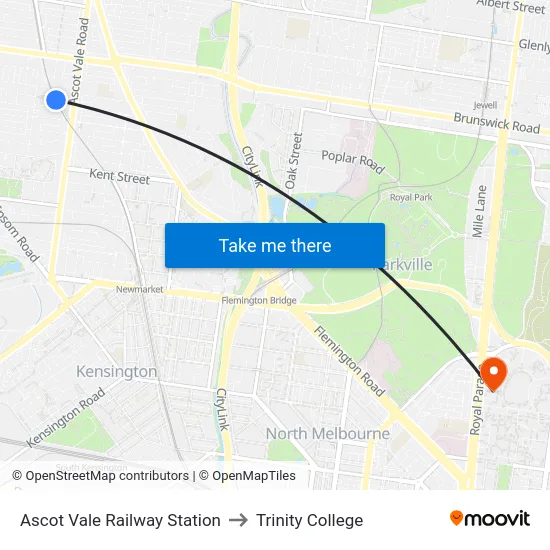 Ascot Vale Railway Station to Trinity College map