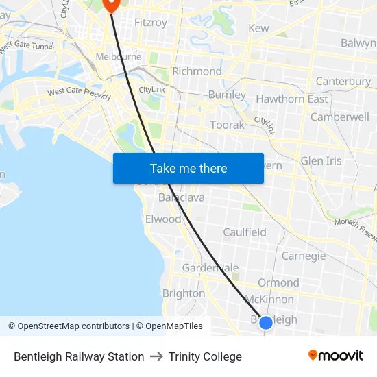 Bentleigh Railway Station to Trinity College map