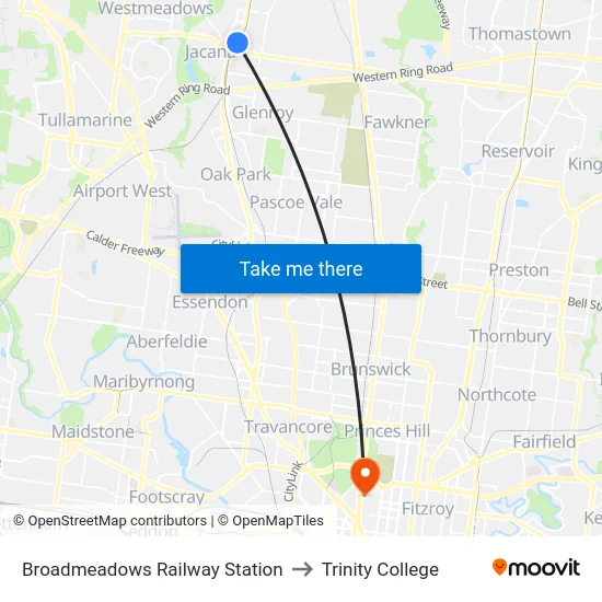 Broadmeadows Railway Station to Trinity College map