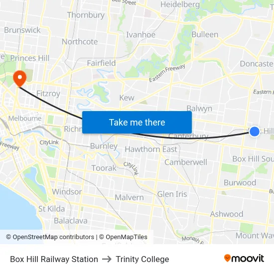 Box Hill Railway Station to Trinity College map