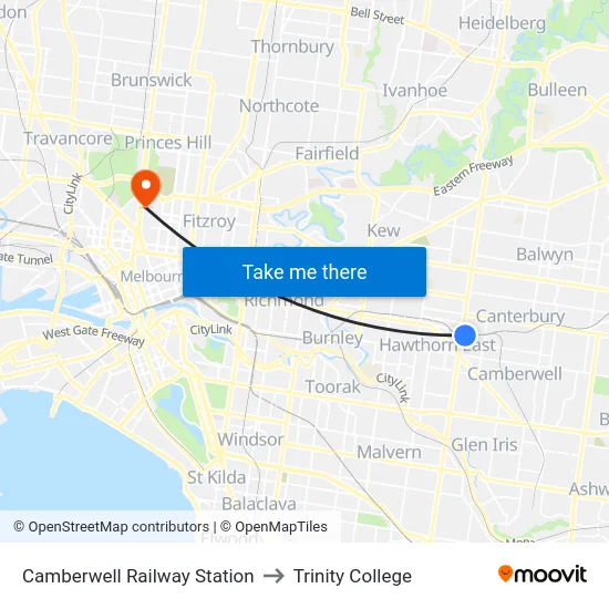 Camberwell Railway Station to Trinity College map